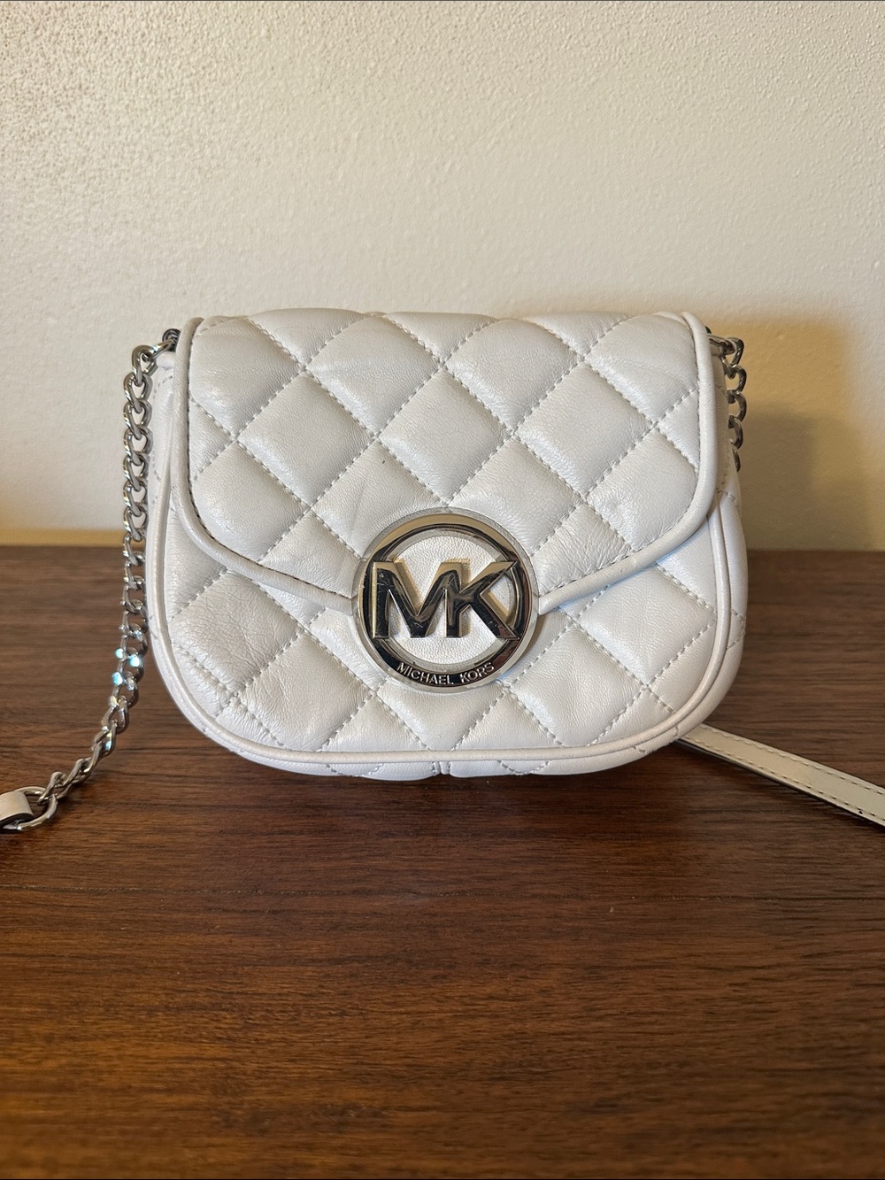 Michael Kors White Quilted Leather MK Circle Logo Crossbody
